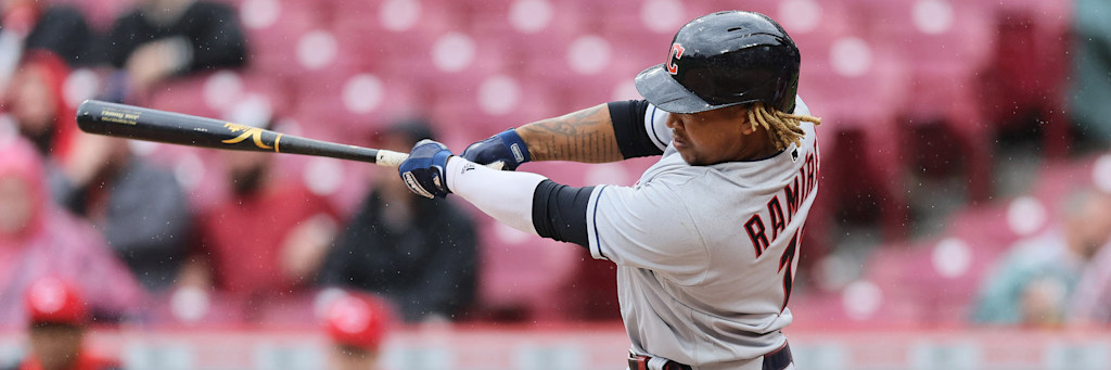 Jose Ramirez Cleveland Guardians third baseman swings at the plate during a 2026 game Guardians moneyline minus 124 Blue Jays pick Williams Scherzer Rogers Centre April 24 2026